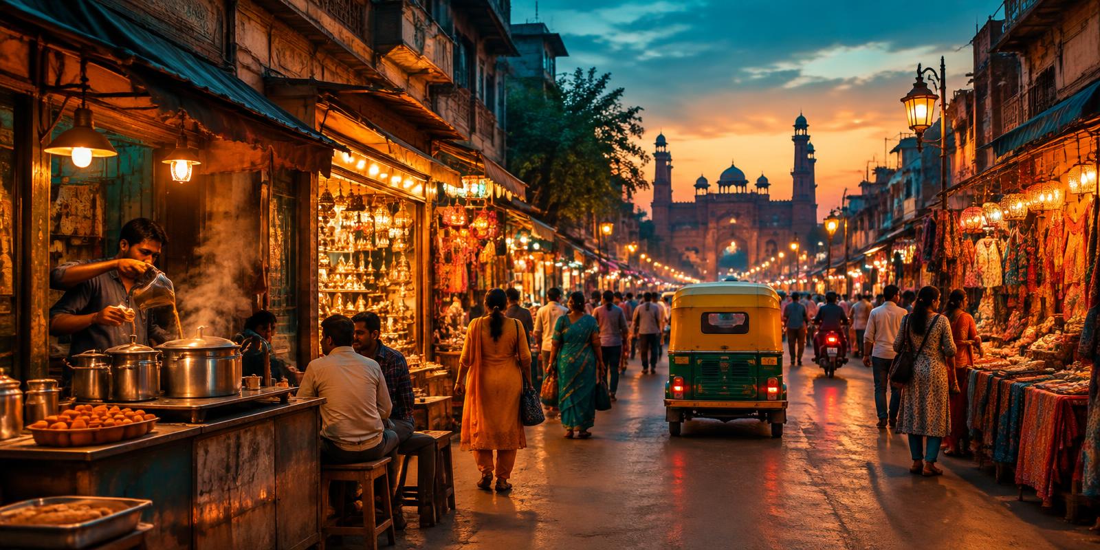 Busy Indian market street at dusk